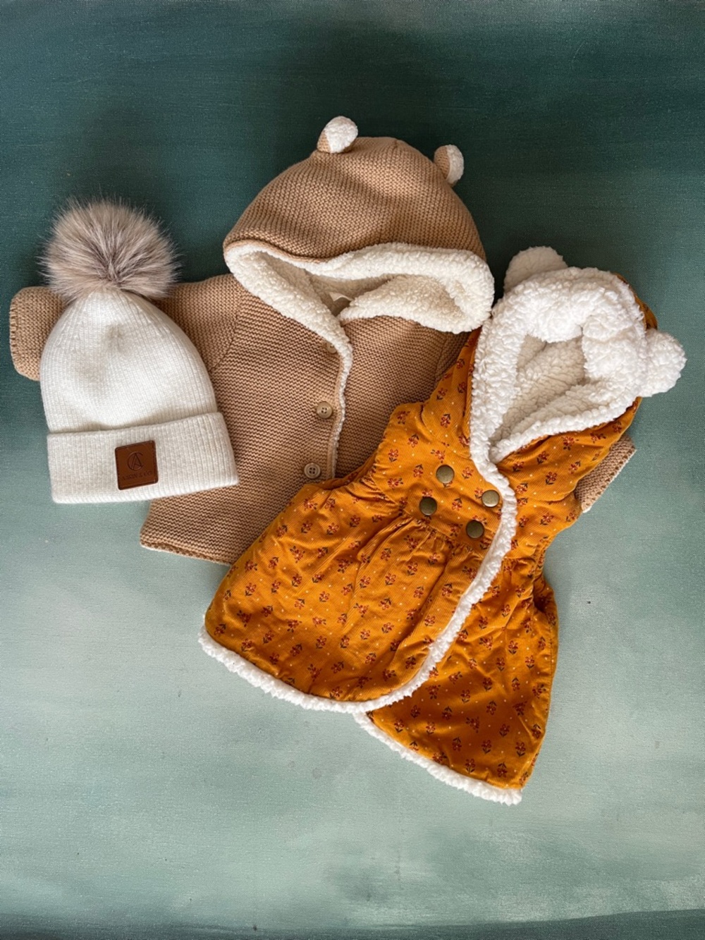 Baby GAP Jacket + Catherine Malandrino Sherpa Vest + Aarin & Co Cashmere Hat
